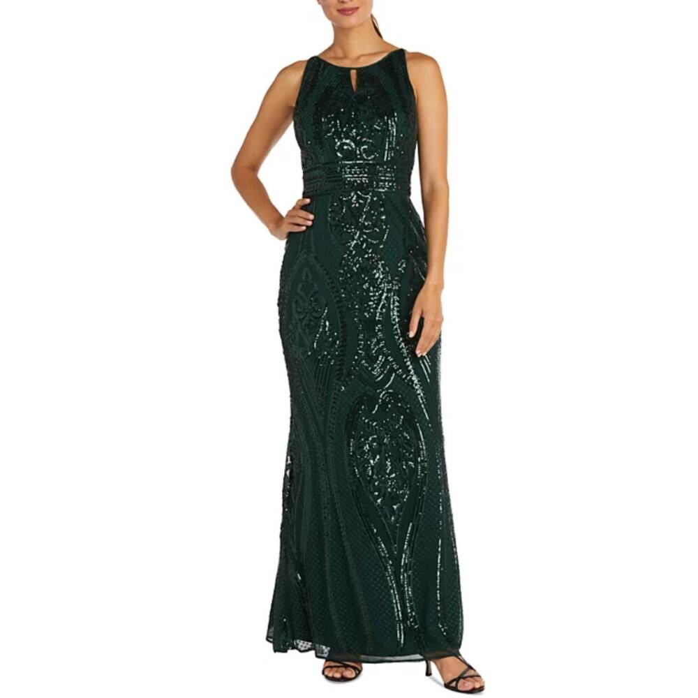 R&M Richards Green Sequined Sleeveless Keyhole Formal Evening Gown 8 NWT